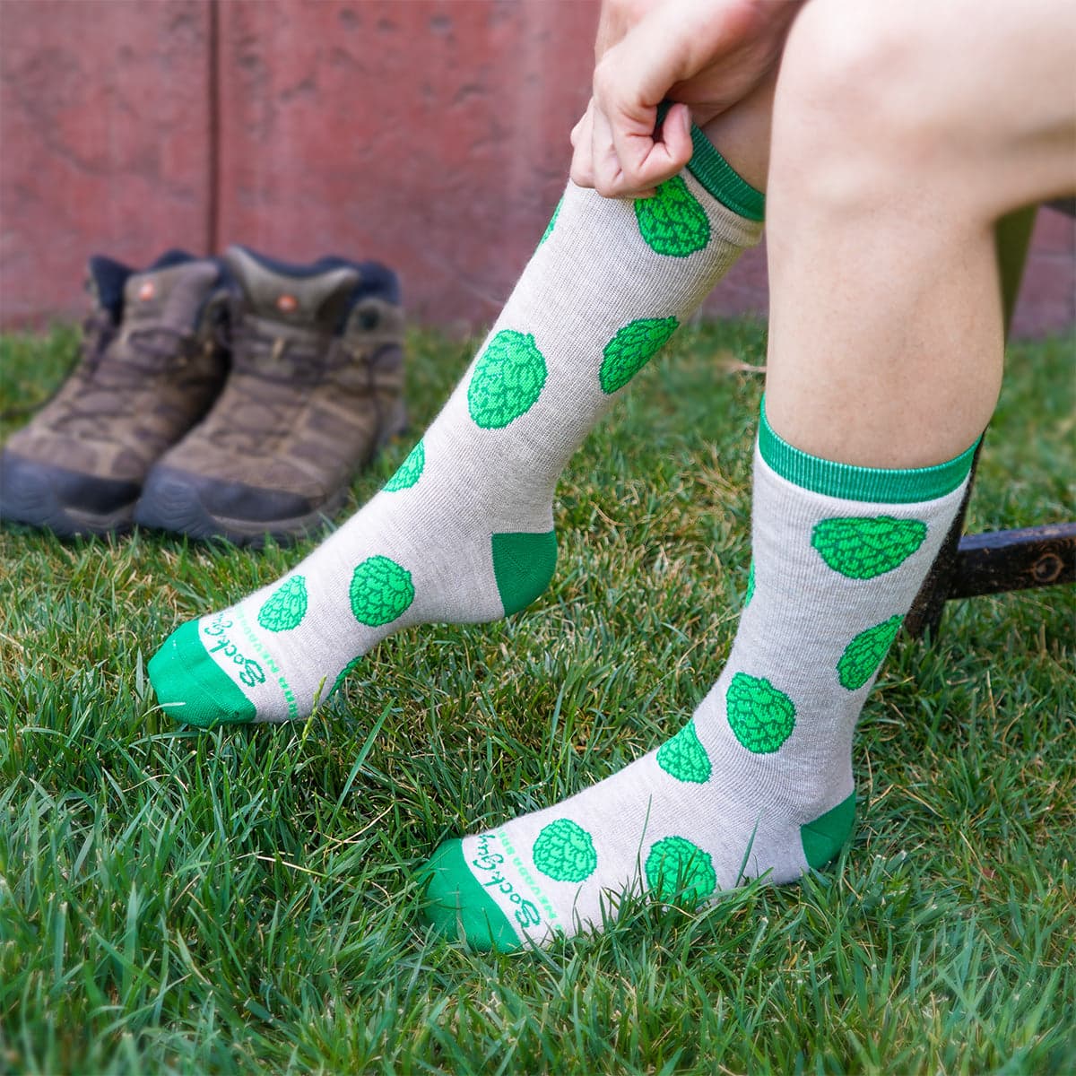 A person pulls on a pair of Sierra Nevada Hop Socks as a pair of hiking boots sits ready in the background